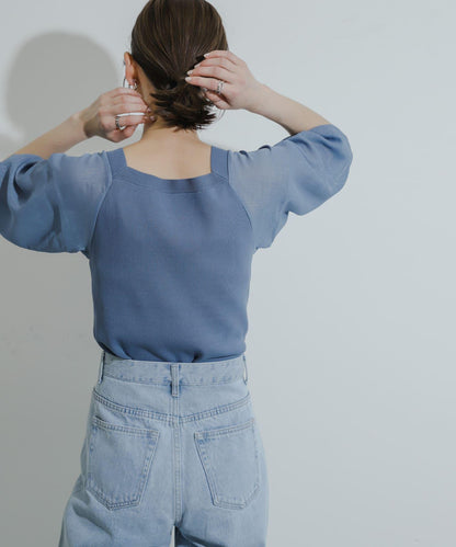 透視感蓬鬆袖針織衫（五分袖）