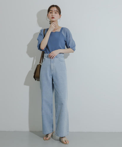 透視感蓬鬆袖針織衫（五分袖）