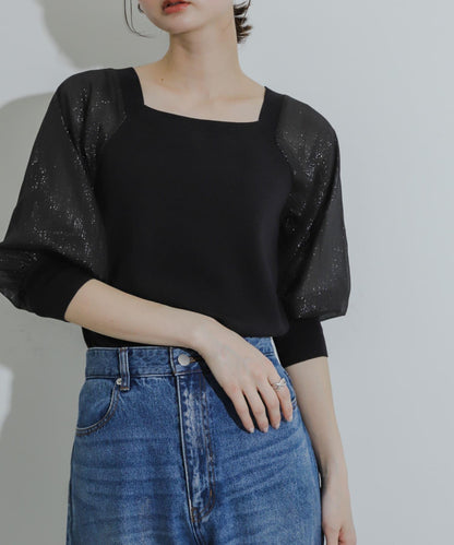 透視感蓬鬆袖針織衫（五分袖）