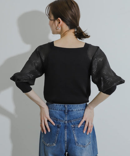 透視感蓬鬆袖針織衫（五分袖）