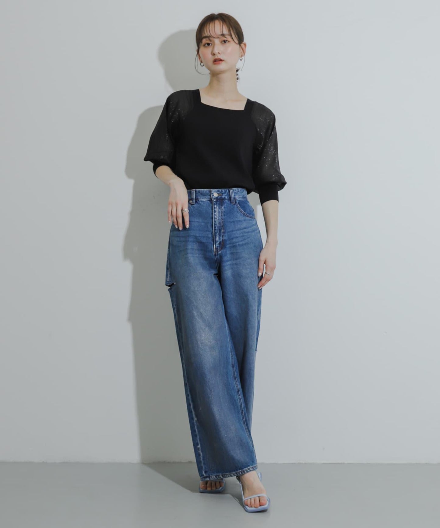 透視感蓬鬆袖針織衫（五分袖）