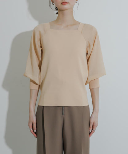 透視感蓬鬆袖針織衫（五分袖）