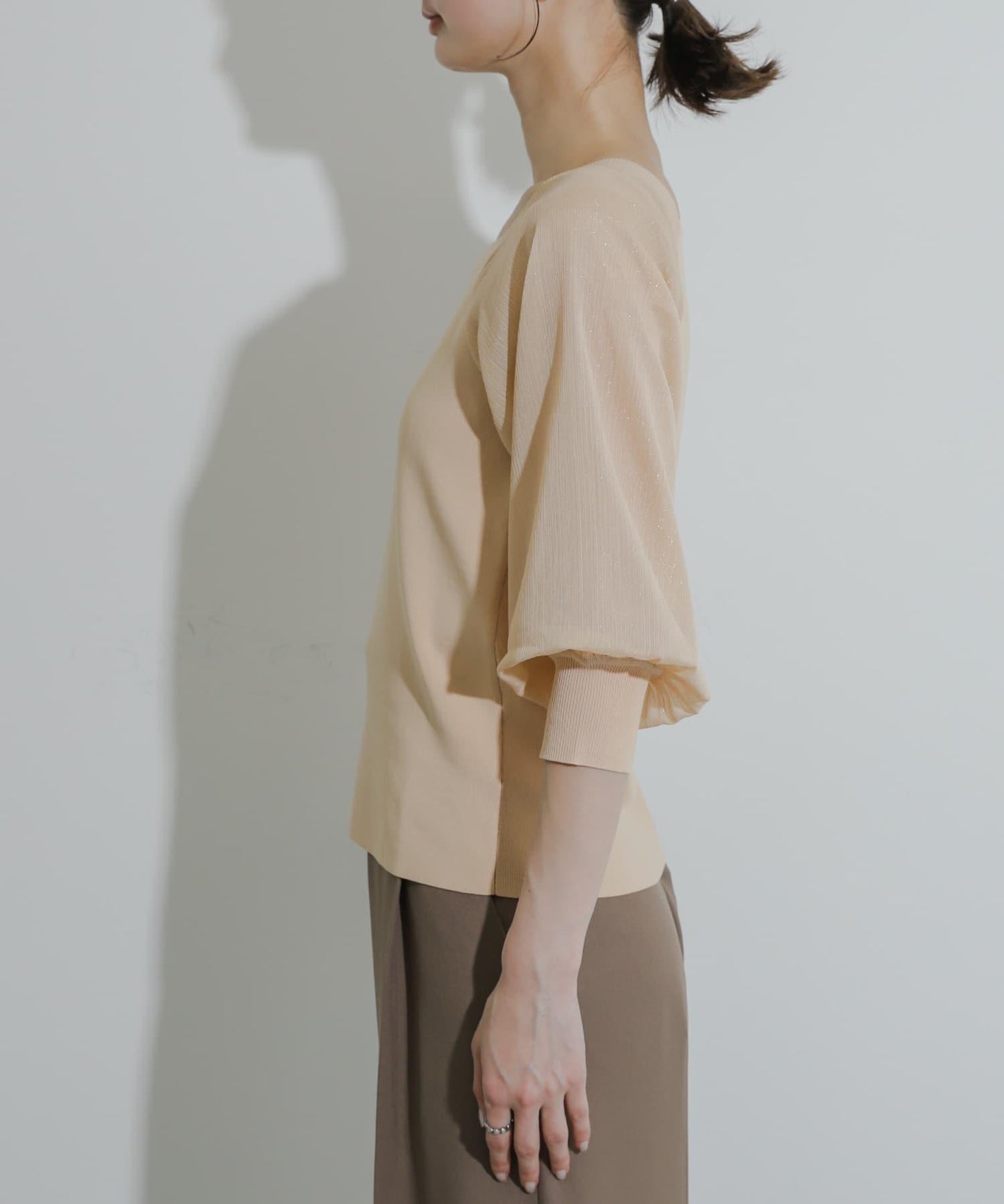 透視感蓬鬆袖針織衫（五分袖）