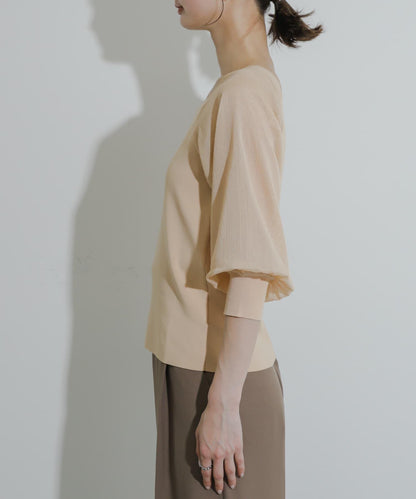 透視感蓬鬆袖針織衫（五分袖）