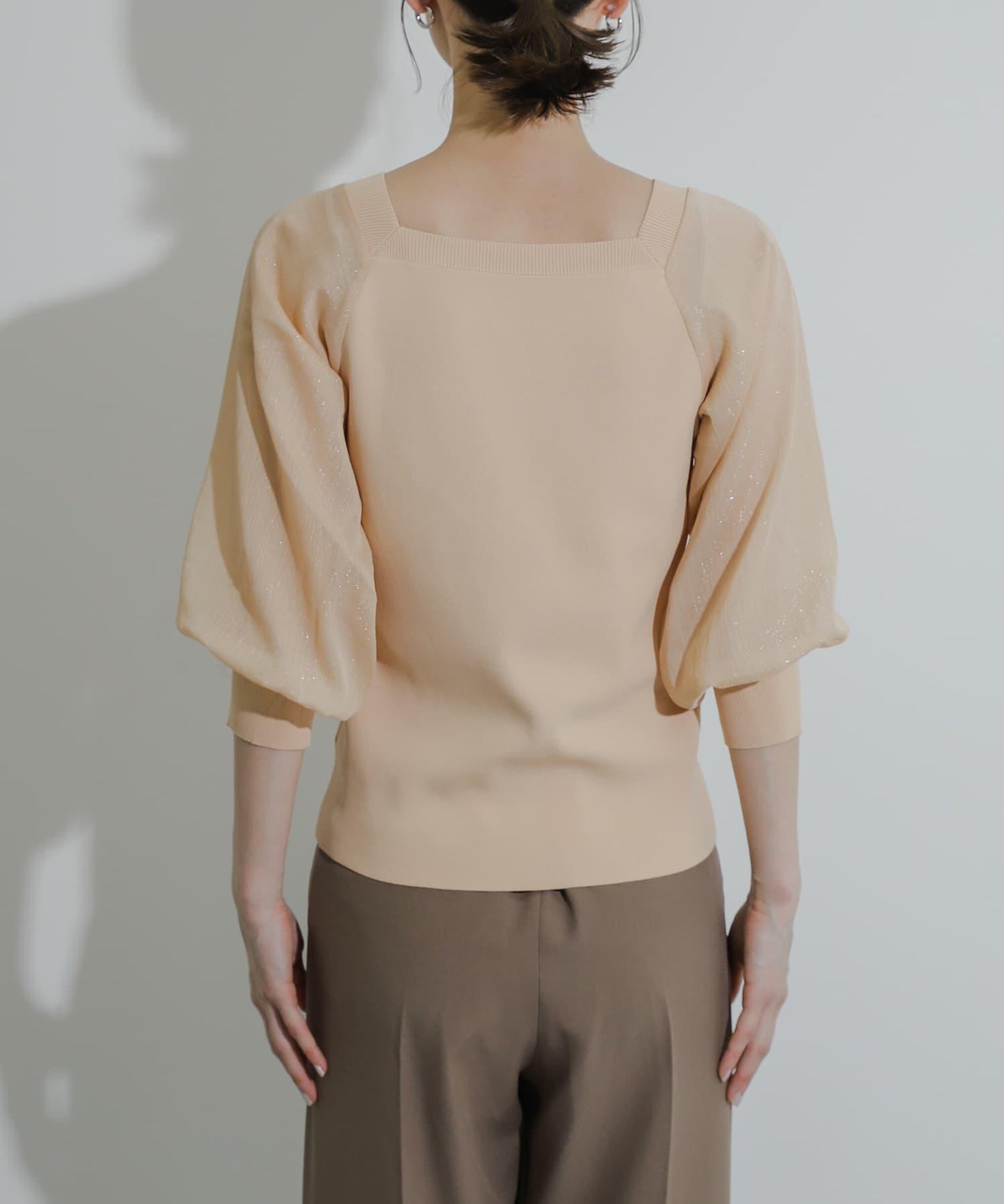 透視感蓬鬆袖針織衫（五分袖）