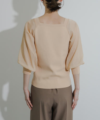 透視感蓬鬆袖針織衫（五分袖）