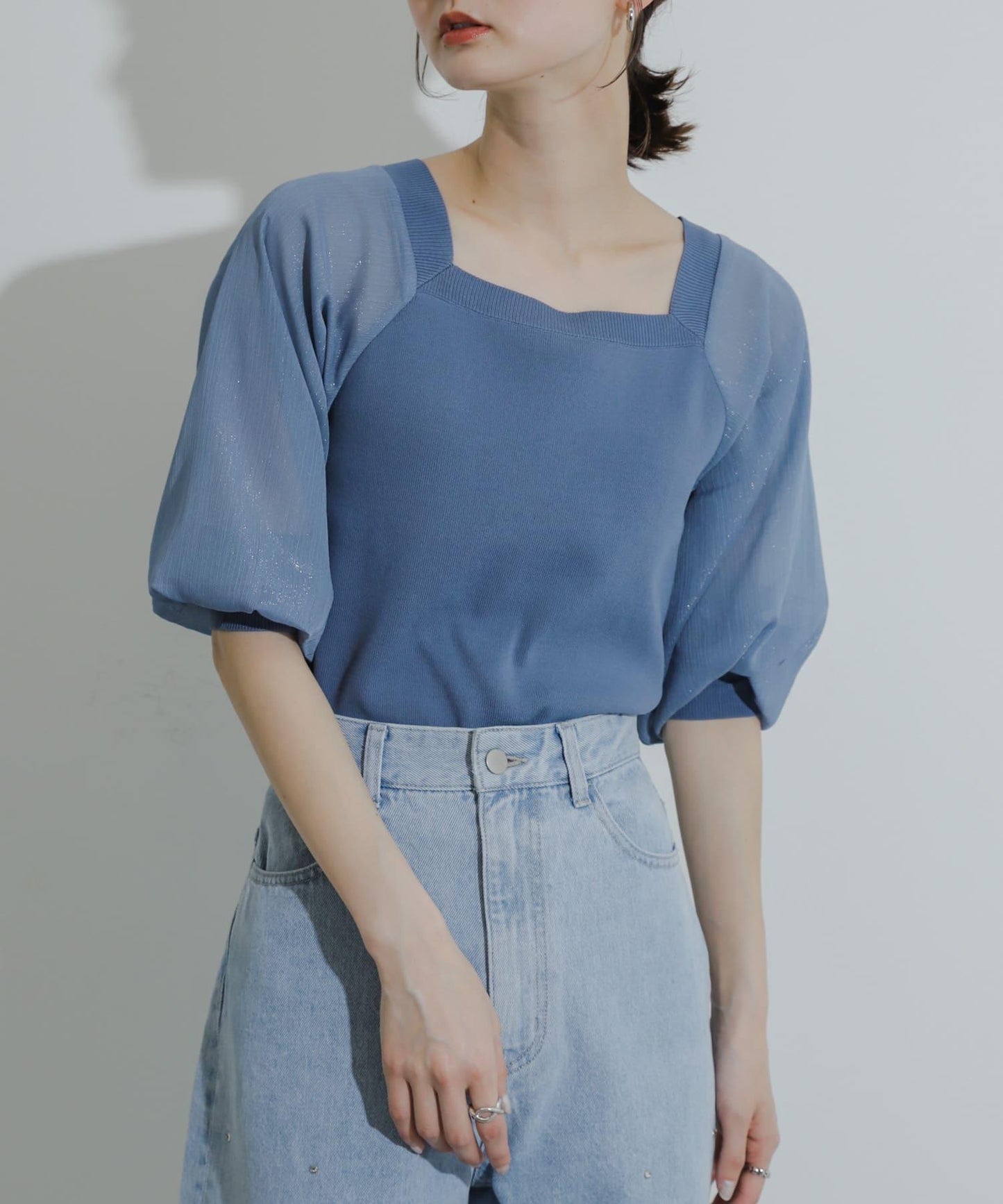 透視感蓬鬆袖針織衫（五分袖）