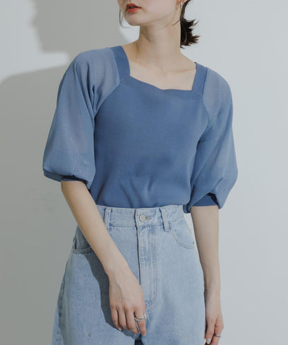 透視感蓬鬆袖針織衫（五分袖）