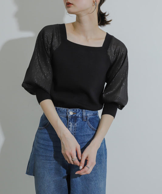 透視感蓬鬆袖針織衫（五分袖）