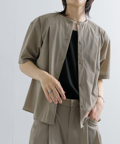 Uiscel 4向彈力褶皺無領五分袖襯衫