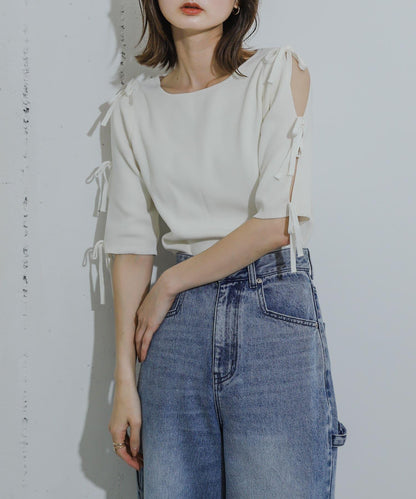 蝴蝶結開叉袖針織衫（五分袖）