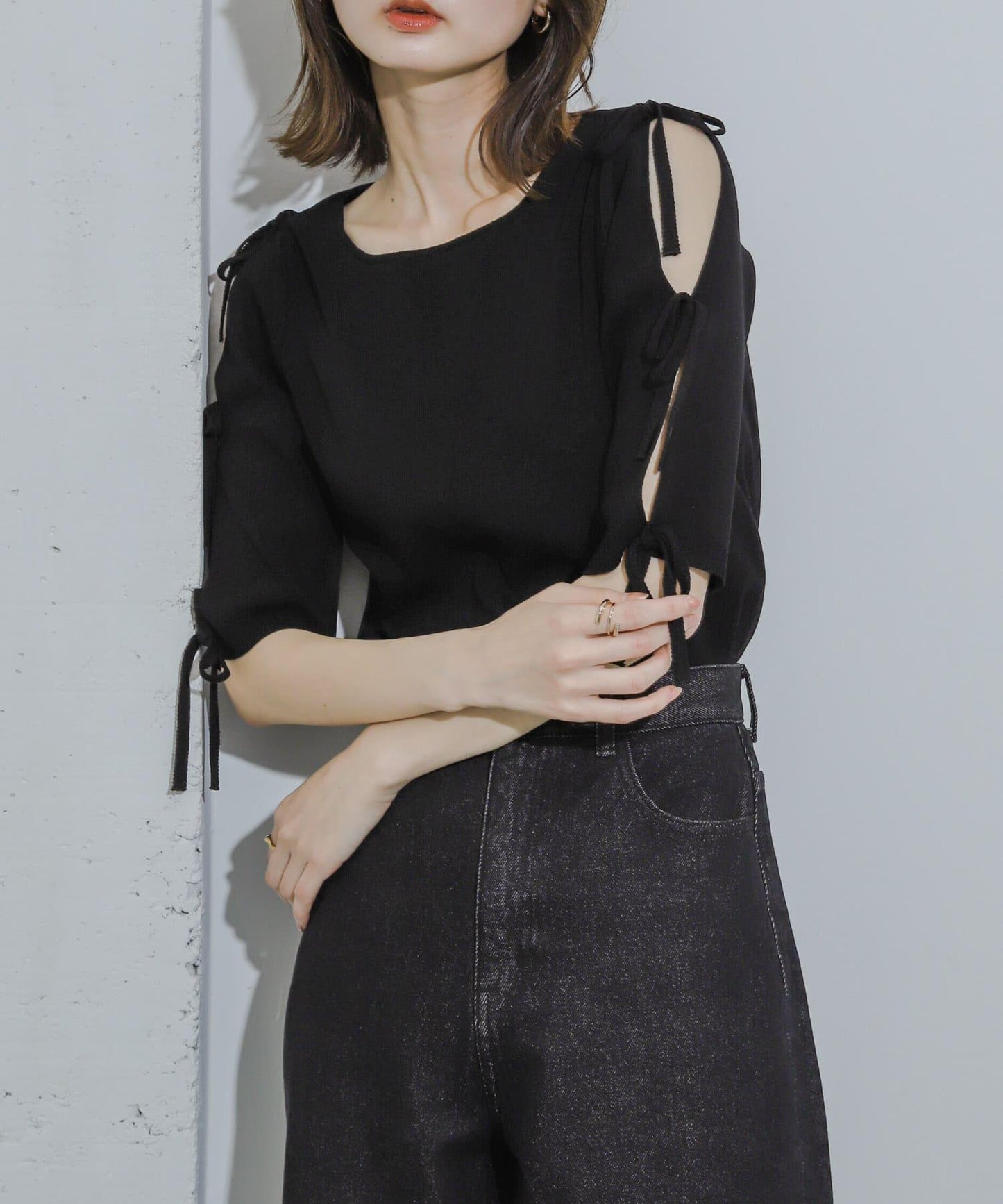 蝴蝶結開叉袖針織衫（五分袖）