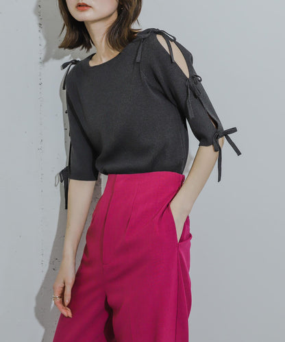 蝴蝶結開叉袖針織衫（五分袖）