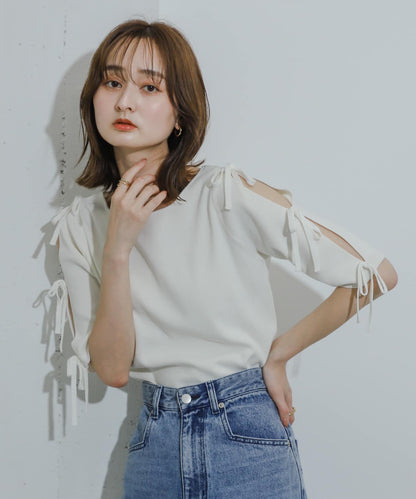 蝴蝶結開叉袖針織衫（五分袖）