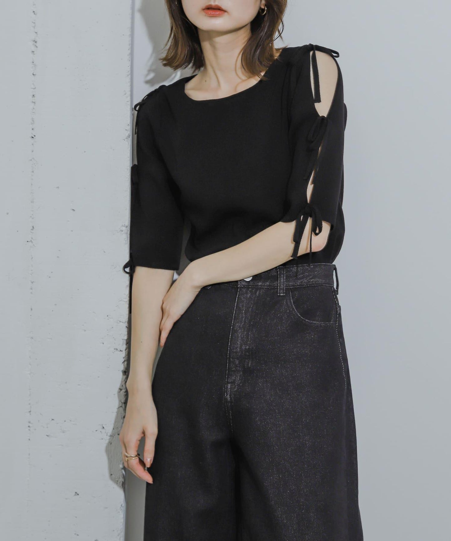 蝴蝶結開叉袖針織衫（五分袖）