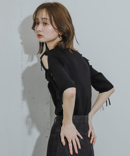 蝴蝶結開叉袖針織衫（五分袖）