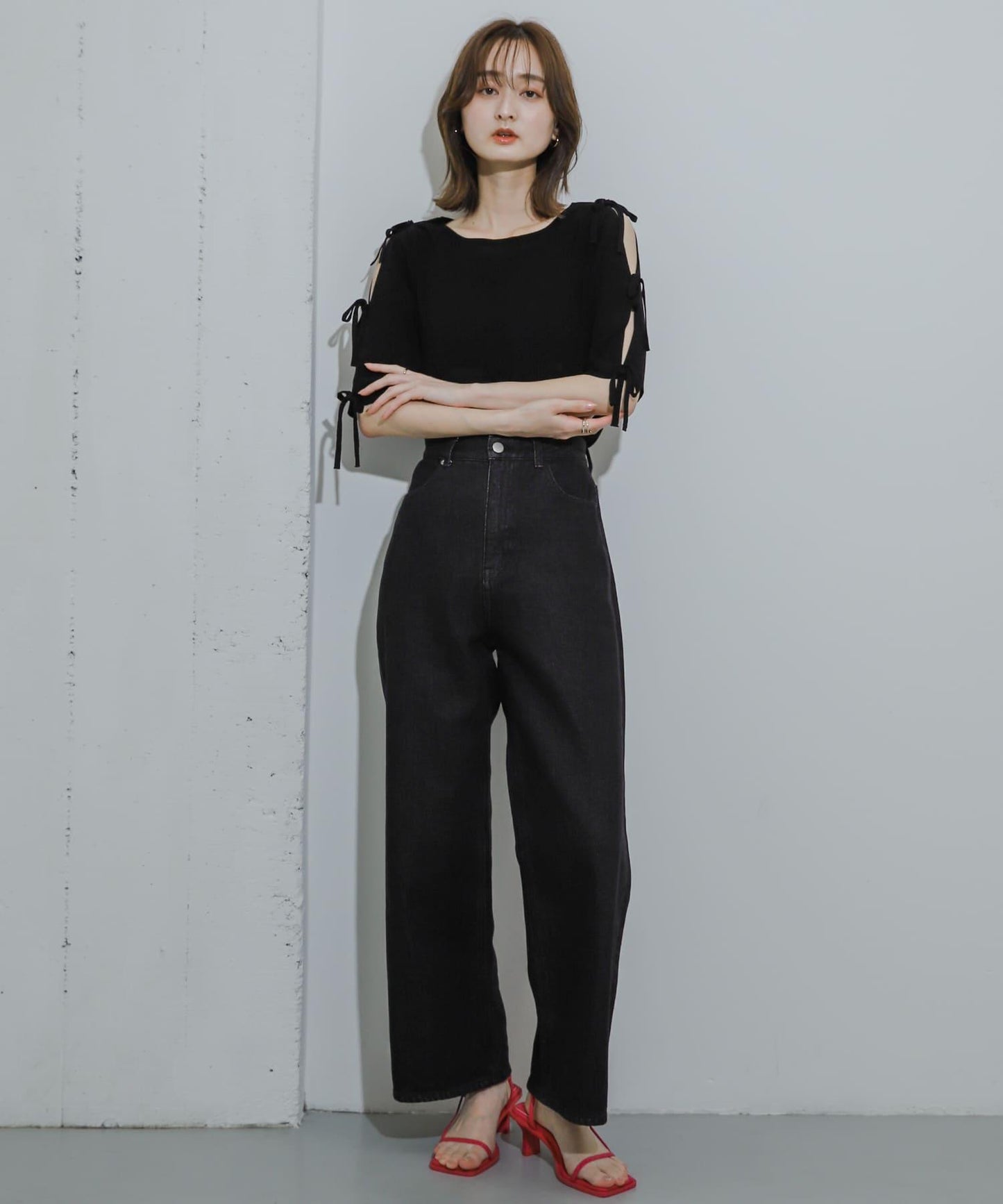 蝴蝶結開叉袖針織衫（五分袖）