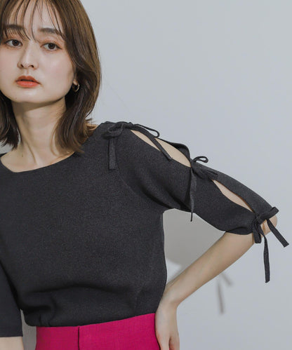 蝴蝶結開叉袖針織衫（五分袖）