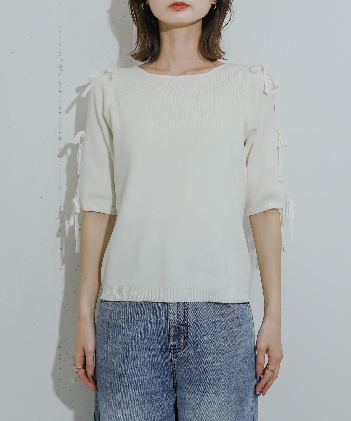 蝴蝶結開叉袖針織衫（五分袖）