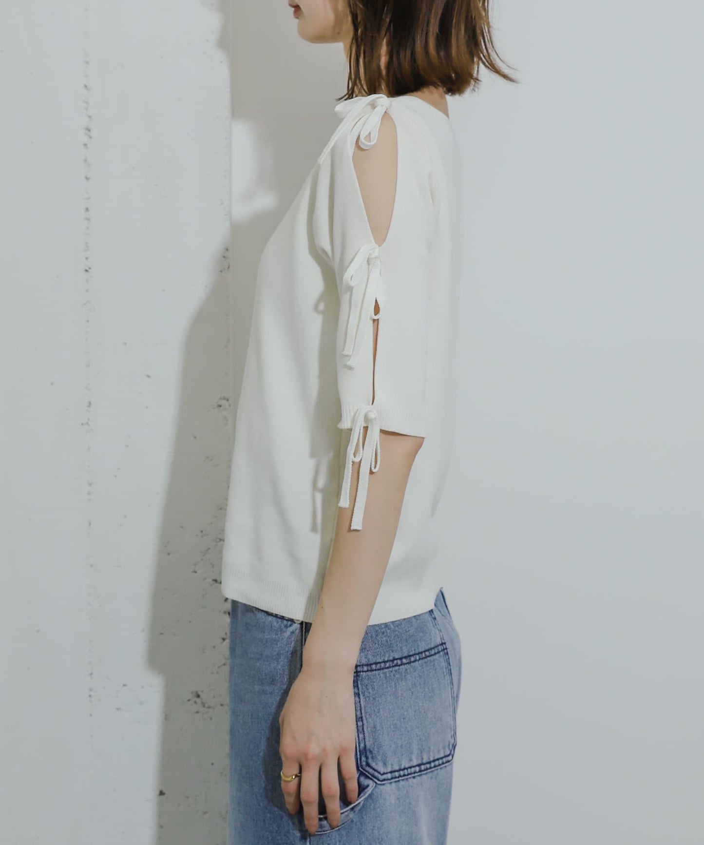 蝴蝶結開叉袖針織衫（五分袖）