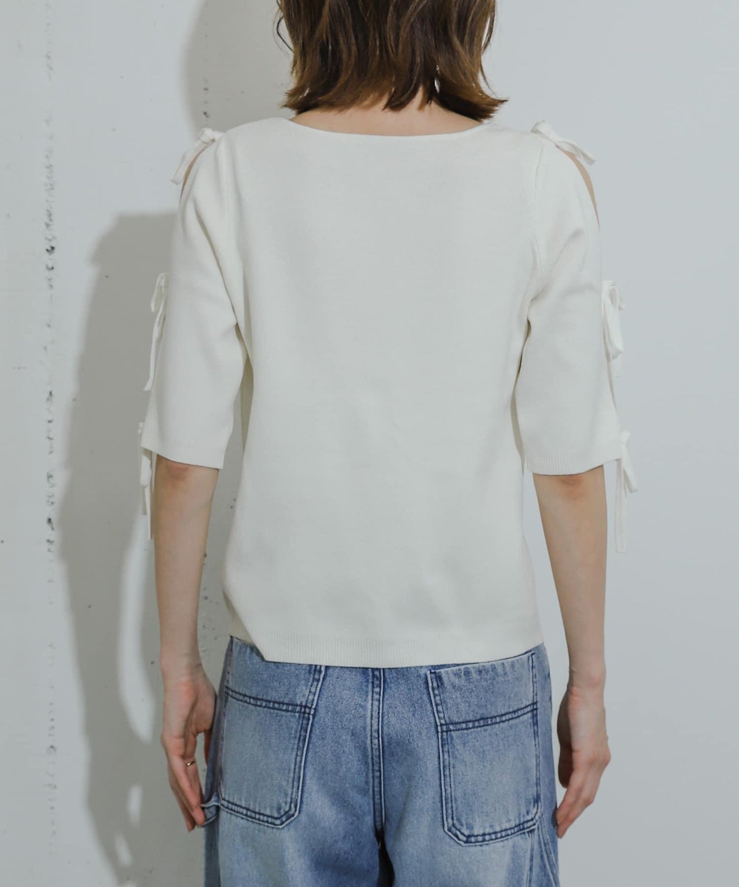 蝴蝶結開叉袖針織衫（五分袖）