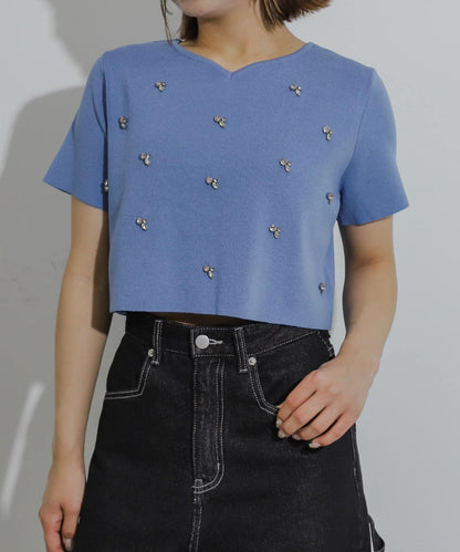 心形領口鑲鑽毛衣