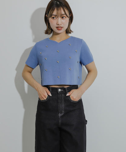 心形領口鑲鑽毛衣