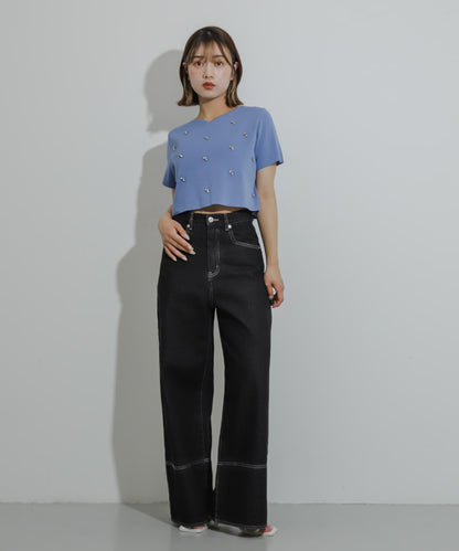 心形領口鑲鑽毛衣