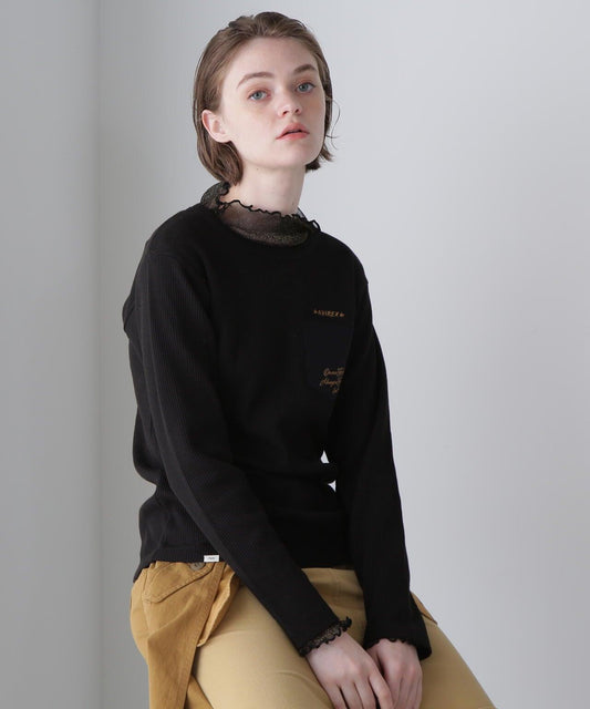 LS COLOR STITCH EMB WAFFLE T-SHIRT/彩色拼接刺繡格子T恤