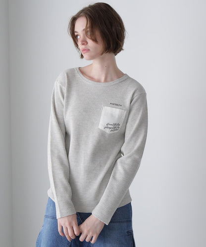 LS COLOR STITCH EMB WAFFLE T-SHIRT/彩色拼接刺繡格子T恤