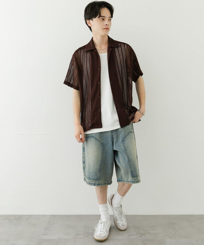 中性款拼色蕾絲開領短袖襯衫