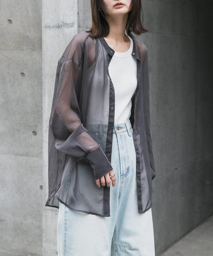 立領香檳色薄紗襯衫