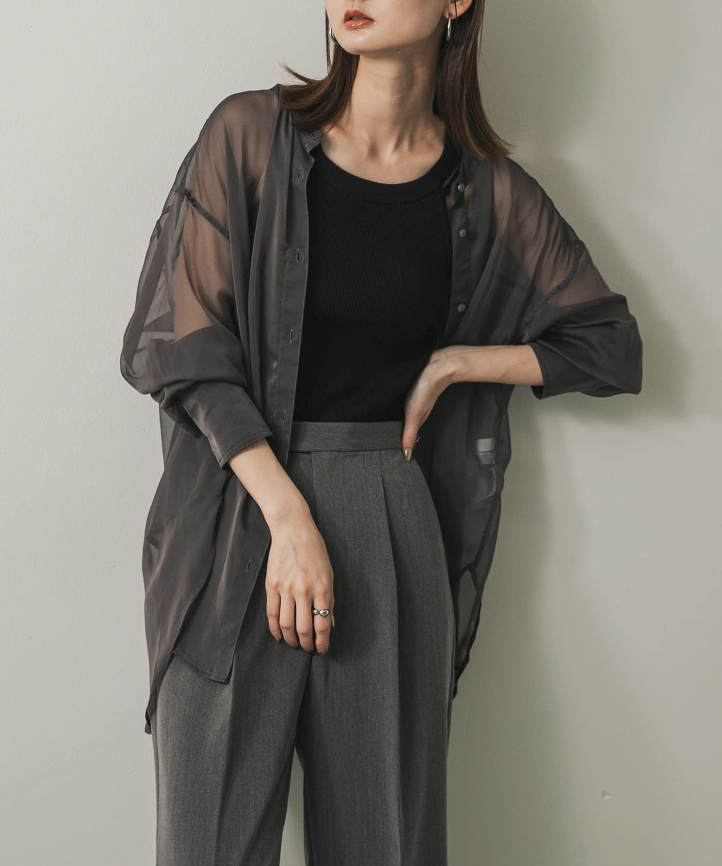 立領香檳色薄紗襯衫