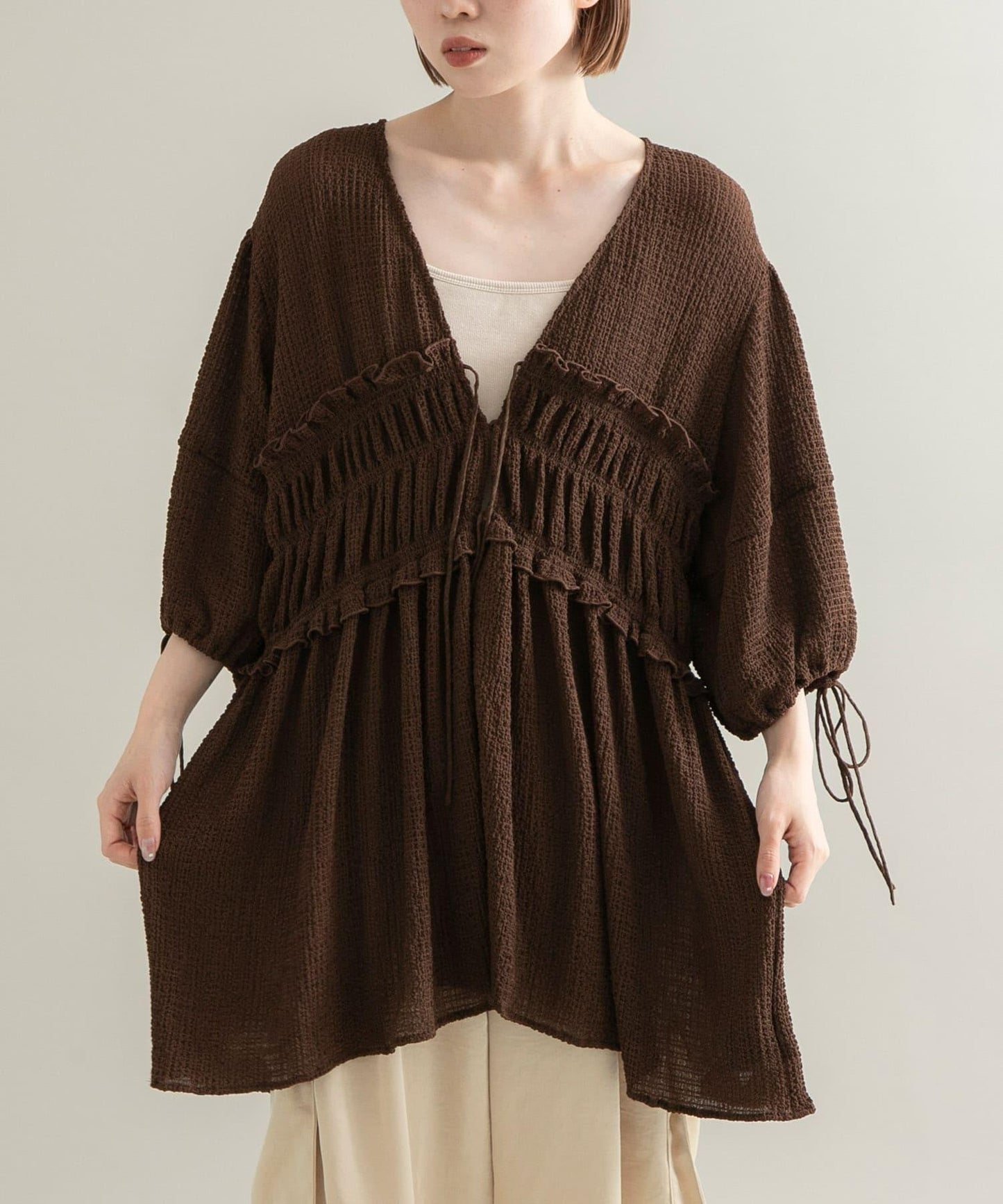 前繫帶蝴蝶結長款上衣