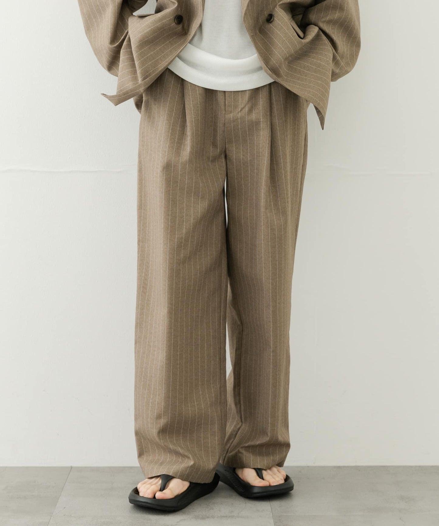 可搭配套裝 易打理/速幹 仿亞麻細條紋寬鬆長褲