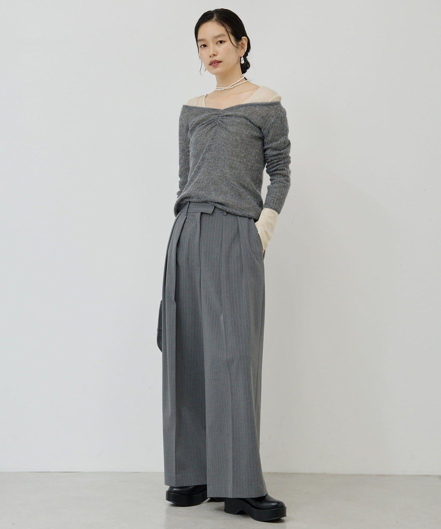 【3尺碼展開】條紋雙褶褲