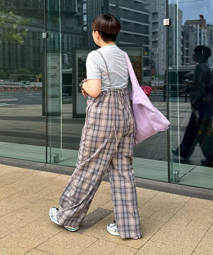 【多米小姐企劃/有尺碼展開】格紋拼接吊帶連體褲