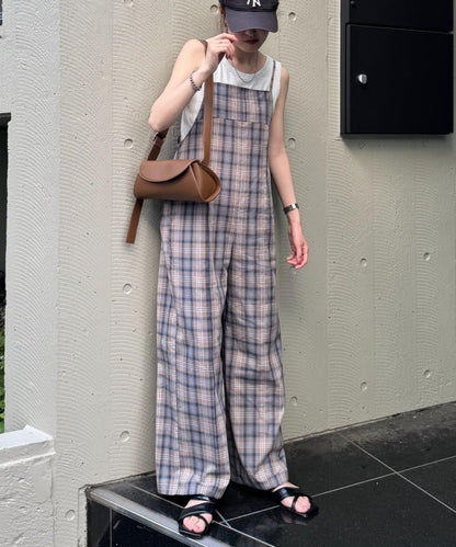 【多米小姐企劃/有尺碼展開】格紋拼接吊帶連體褲