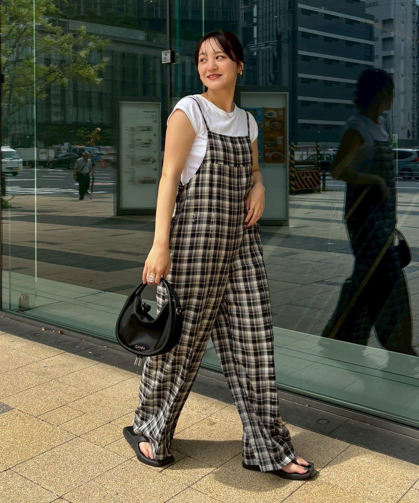 【多米小姐企劃/有尺碼展開】格紋拼接吊帶連體褲