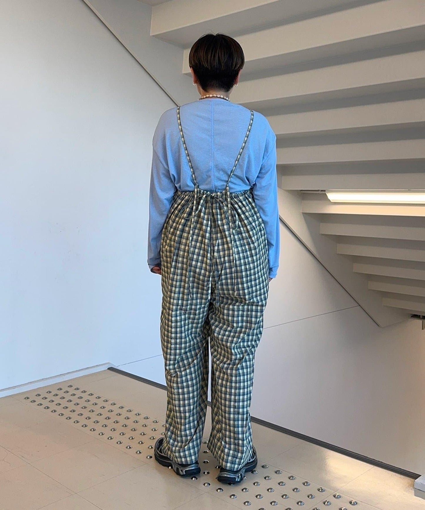 【多米小姐企劃/有尺碼展開】格紋拼接吊帶連體褲