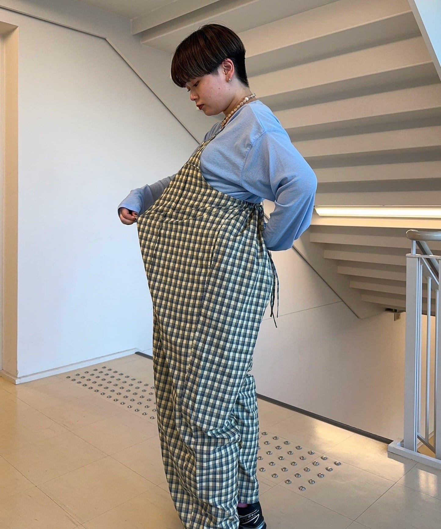【多米小姐企劃/有尺碼展開】格紋拼接吊帶連體褲