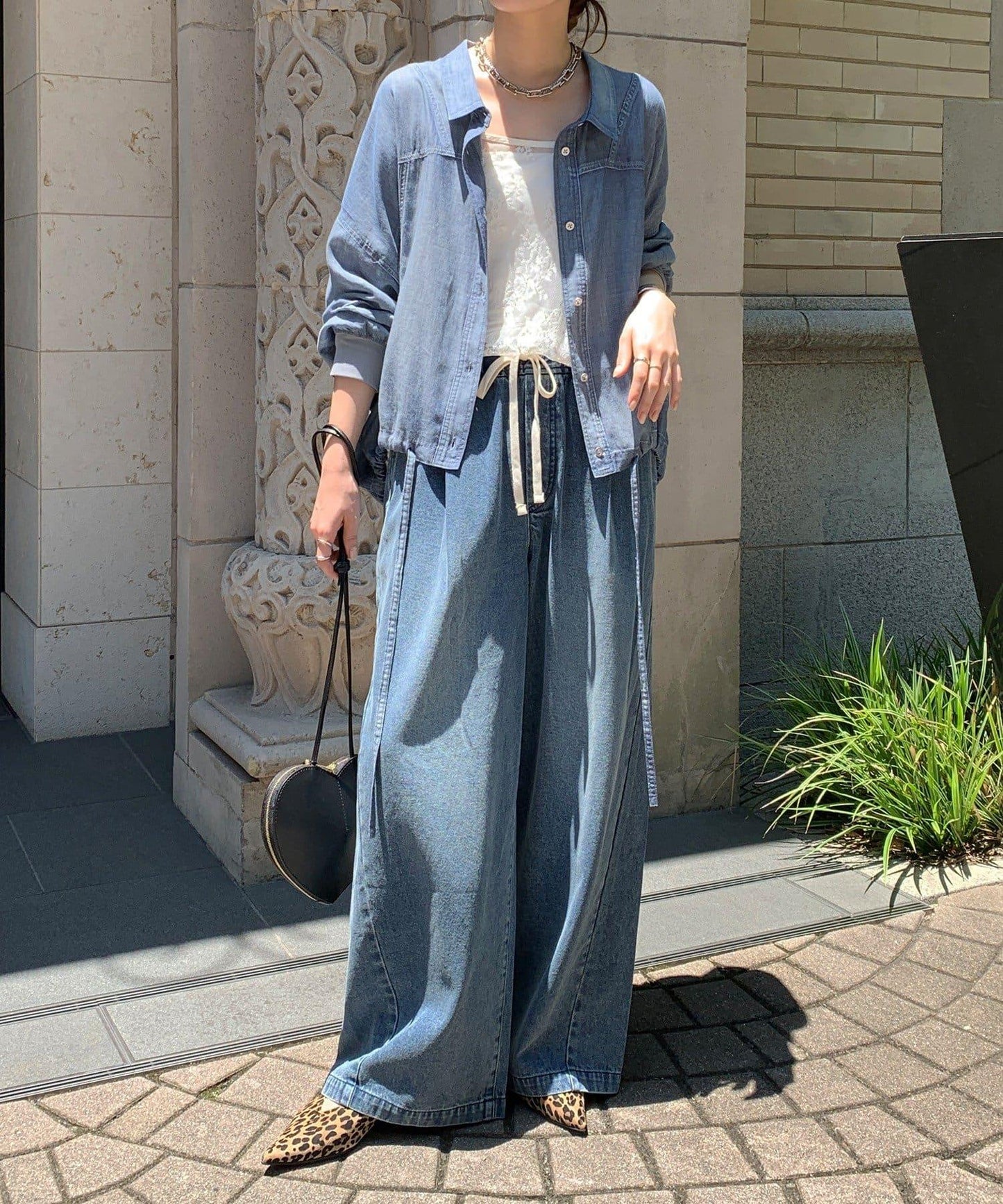 銀色紐扣透視牛仔寬鬆襯衫