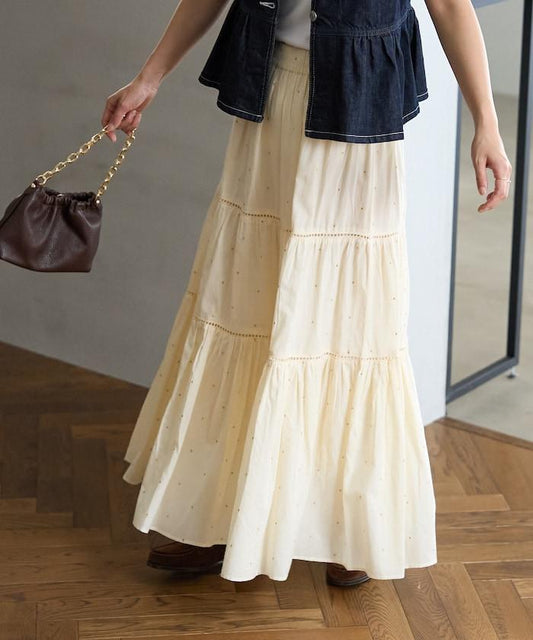 インド ラメドット ティアードマキシスカート/はしごレース ティアードマキシスカート