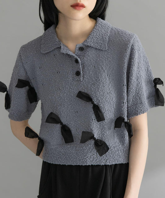 襯衫領蝴蝶結針織衫