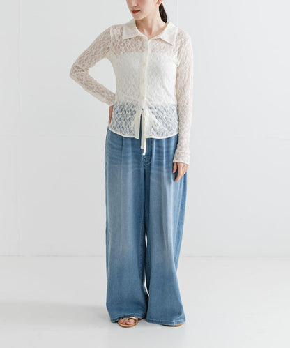 彈力蕾絲襯衫領上衣