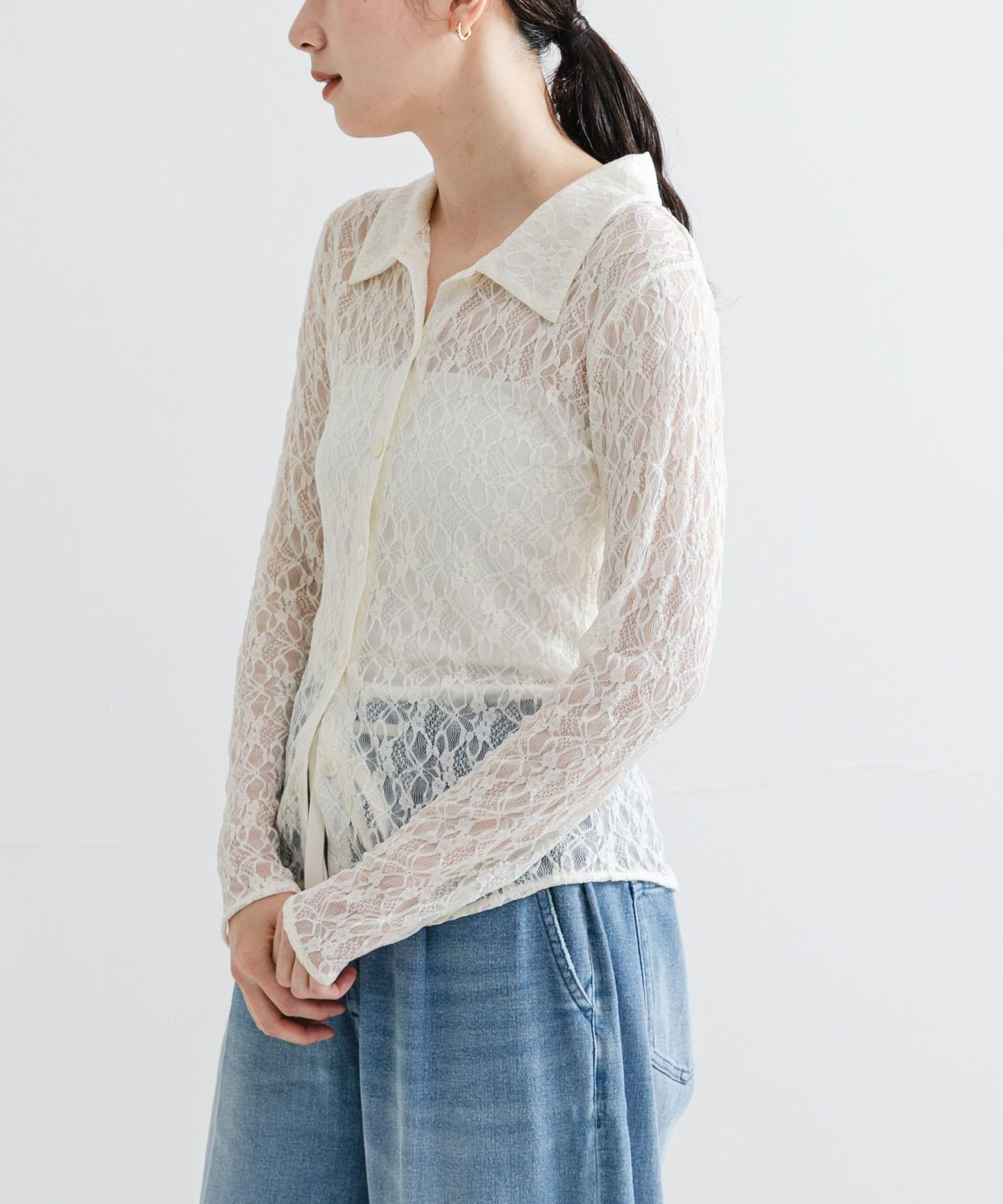 彈力蕾絲襯衫領上衣
