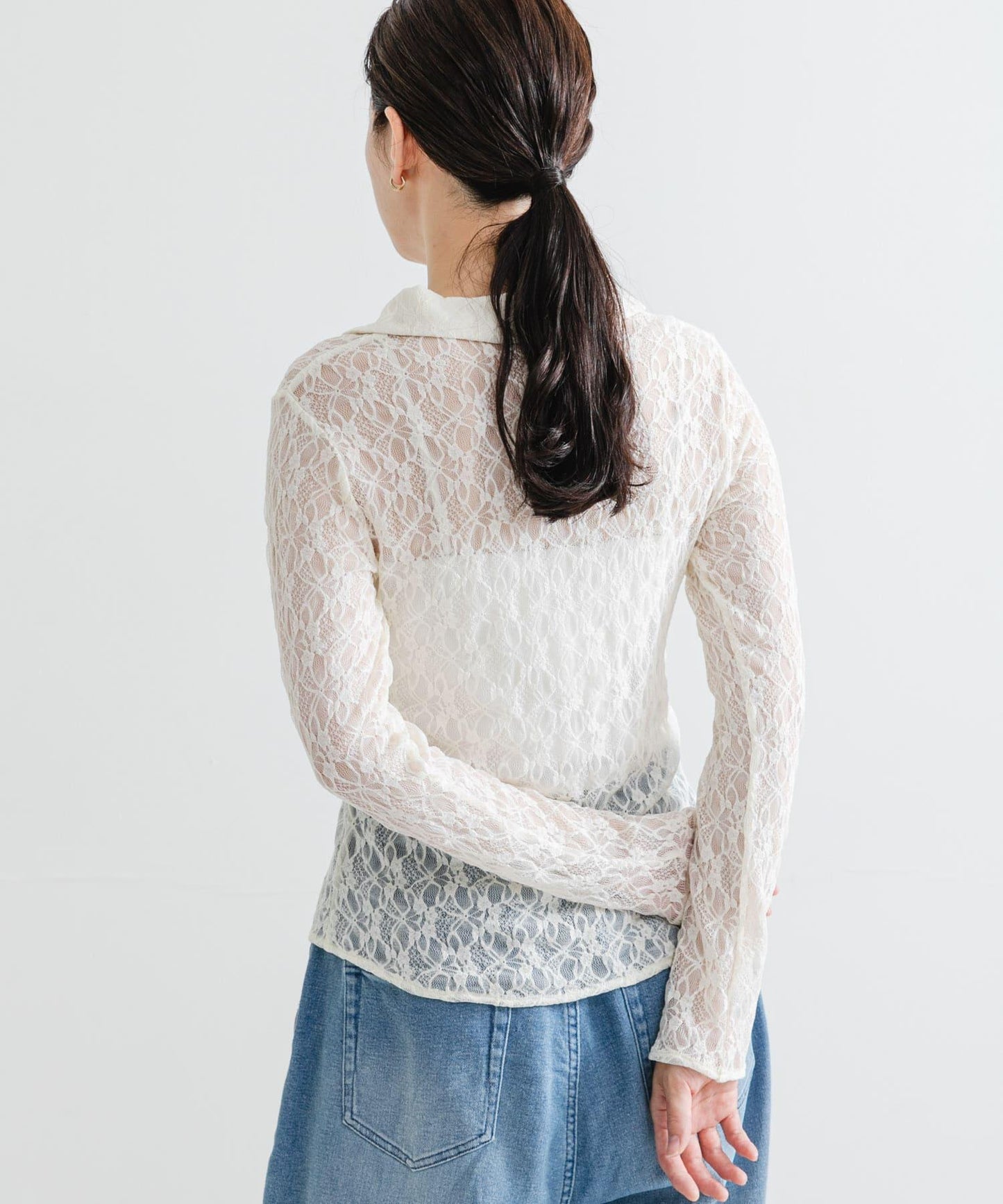 彈力蕾絲襯衫領上衣