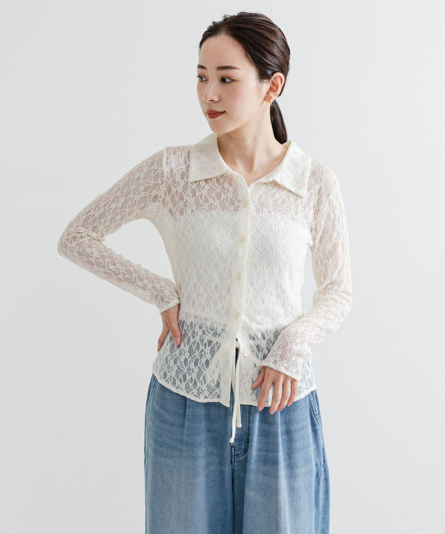 彈力蕾絲襯衫領上衣