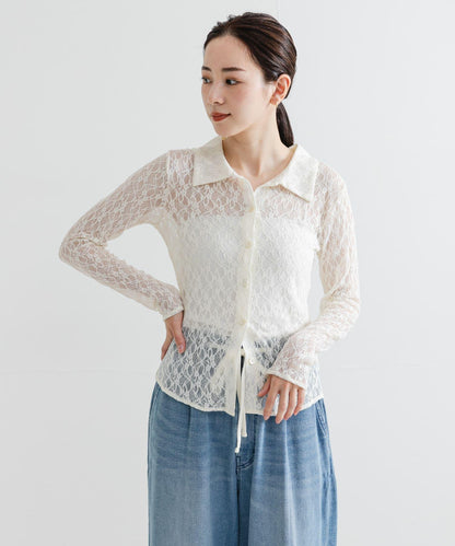彈力蕾絲襯衫領上衣