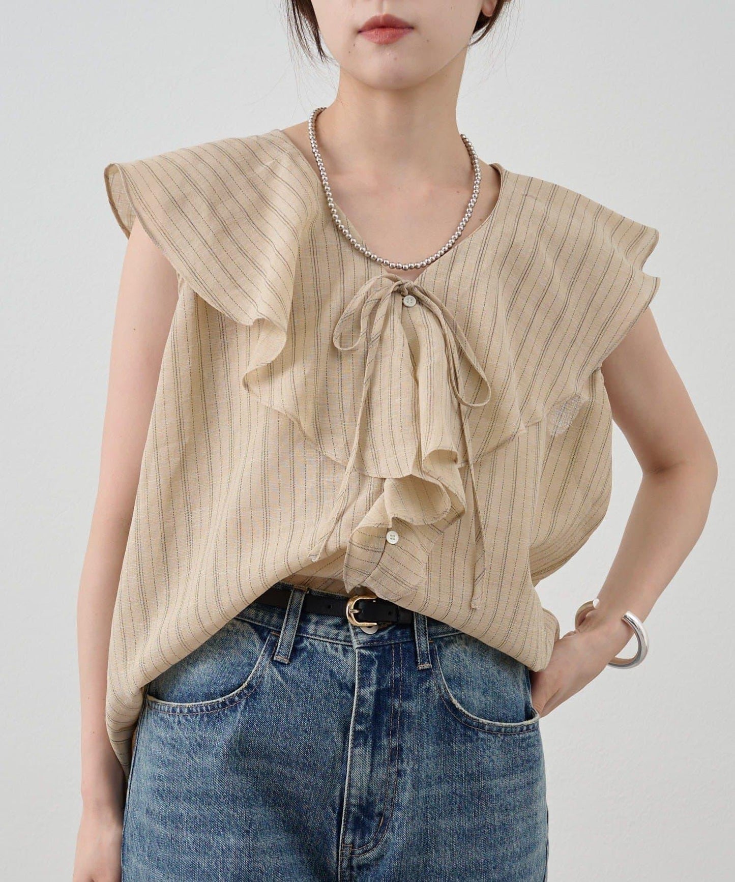 SHENERY 條紋荷葉領襯衫